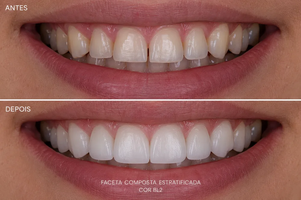 Antes e depois de faceta composta estratificada: dentes amarelados e irregulares transformados em sorriso claro e harmônico