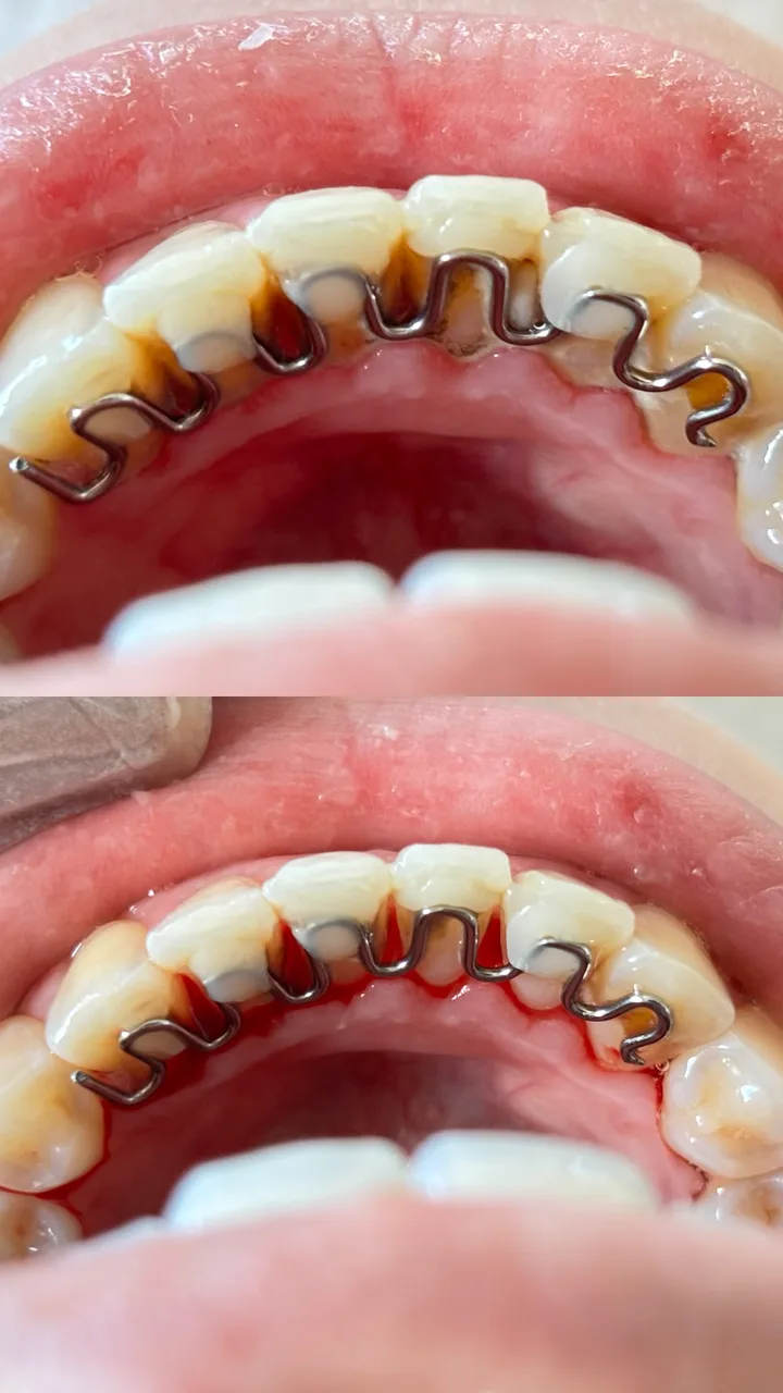 Antes e depois de limpeza profissional com raspagem: remoção de tártaro na região da contenção ortodôntica